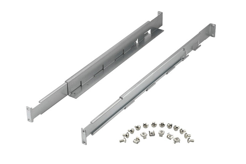 A rack mounting kit consisting of two metal rails and a set of brackets and screws.